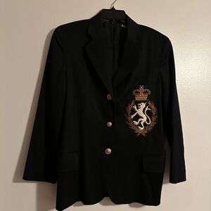 Rare vtg ‘80s prep Anne Klein II black blazer w/ embroidered lion coat of arms M